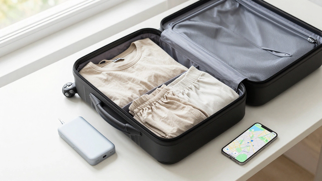 Open carry-on suitcase with organized packing cubes and a power bank