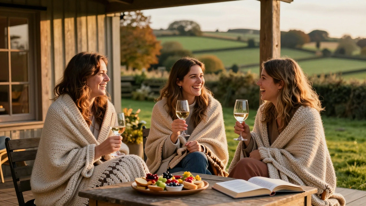 Three female friends laughing and relaxing together on a cozy outdoor patio.