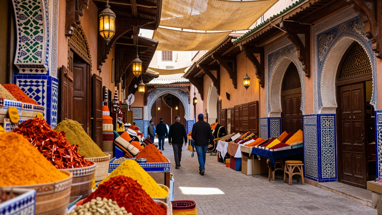 Colorful spices and tiles in a bustling Marrakech souk market