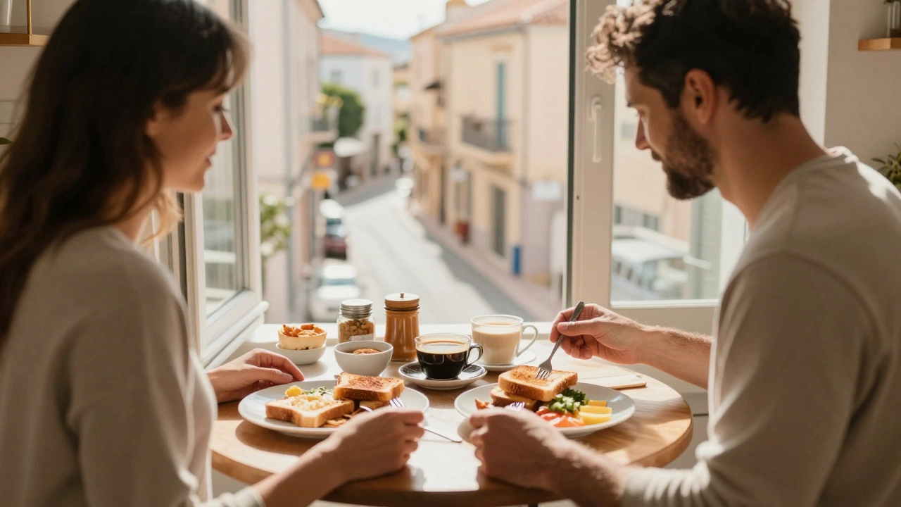 Couple cooking breakfast in apartment to save money on holiday