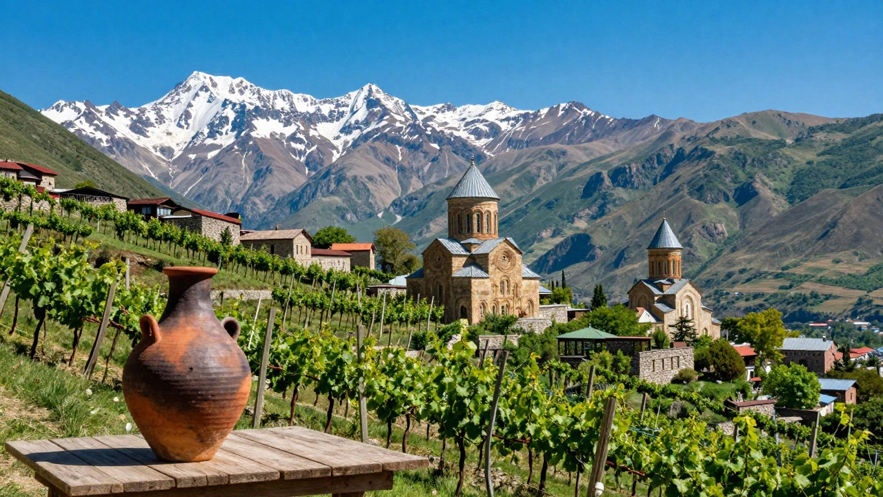 Georgian vineyards with medieval churches and snowy mountain peaks