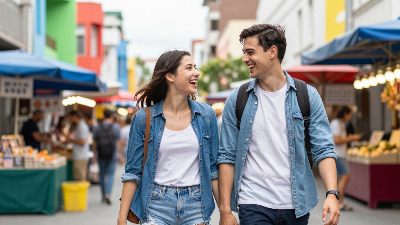 Happy couple exploring a vibrant street market together