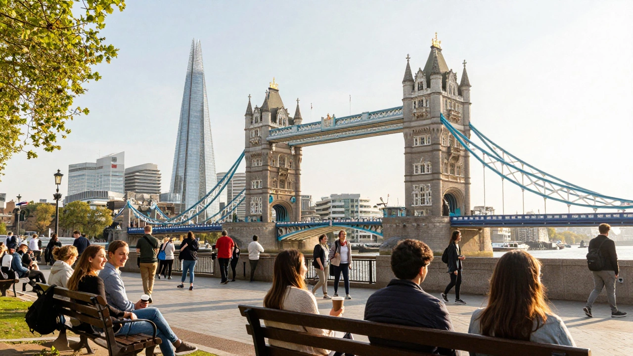 Happy tourists enjoying a sunny day near Tower Bridge and the Thames in London