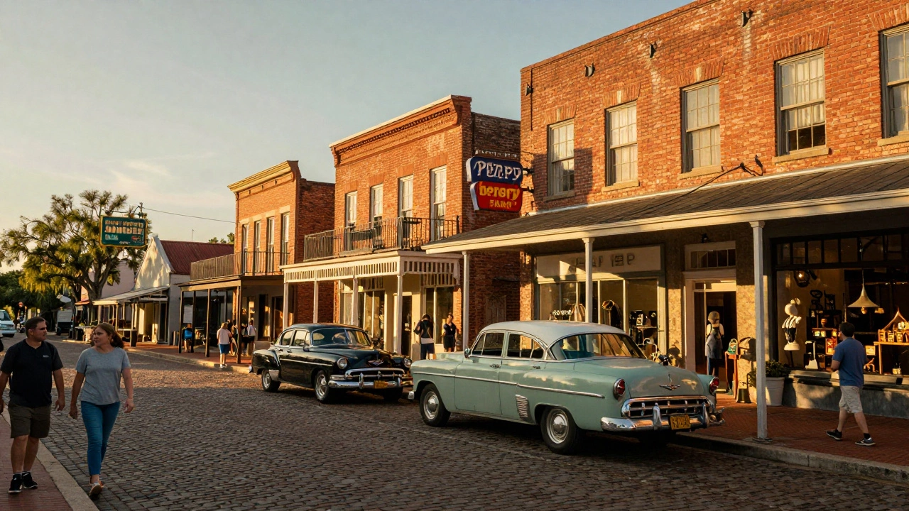 Historic brick storefronts on a sunny street in Perry, Florida