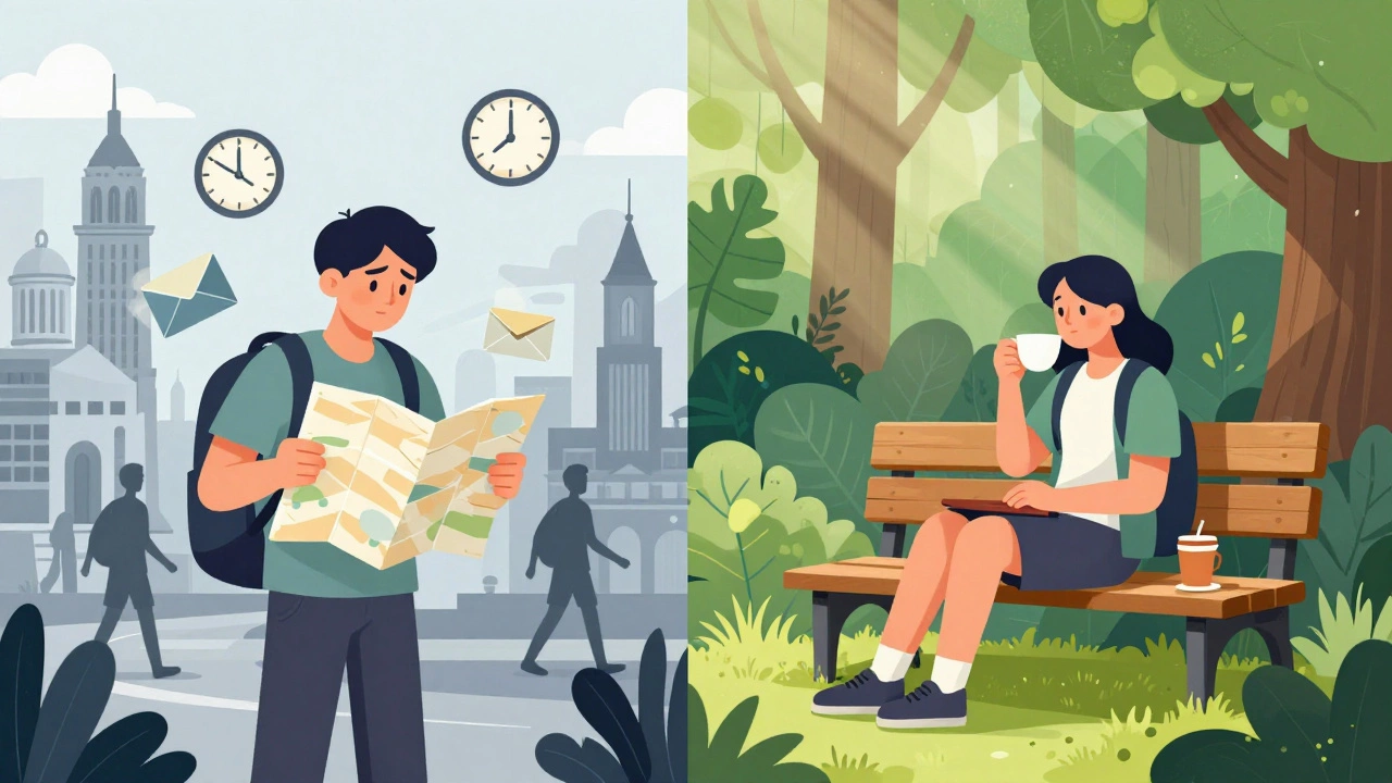Illustration contrasting stressful tourism with a peaceful, intentional nature escape.