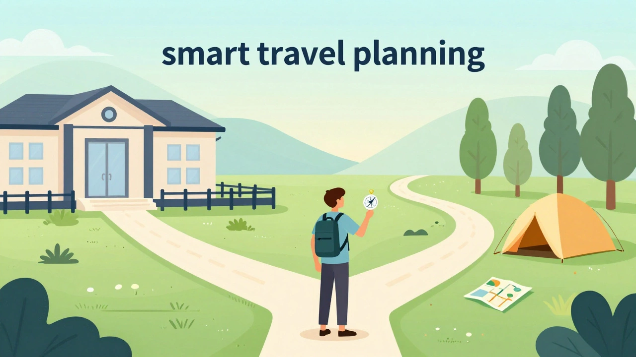 Illustration of a traveler choosing an affordable nature path over luxury