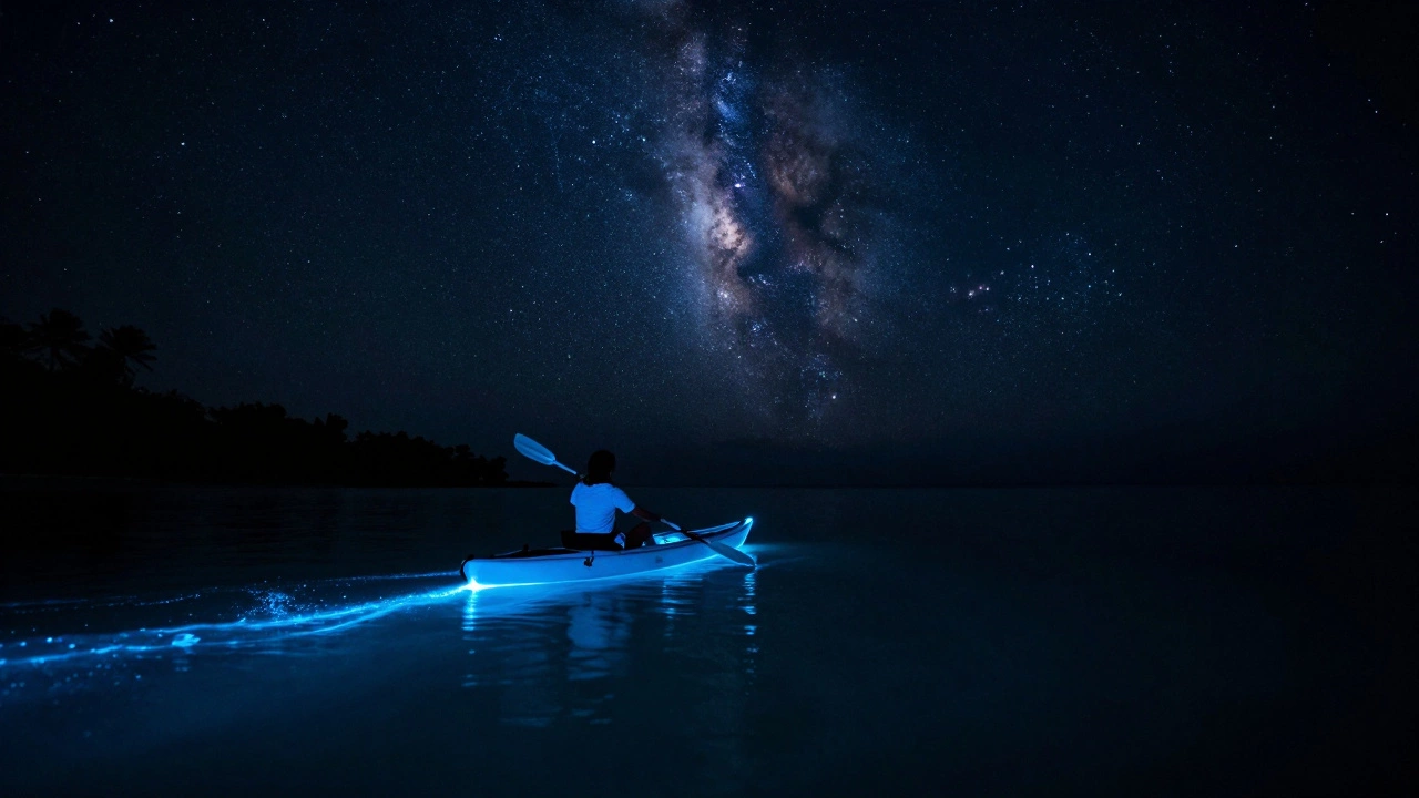 Kayaker in glowing bioluminescent water under stars