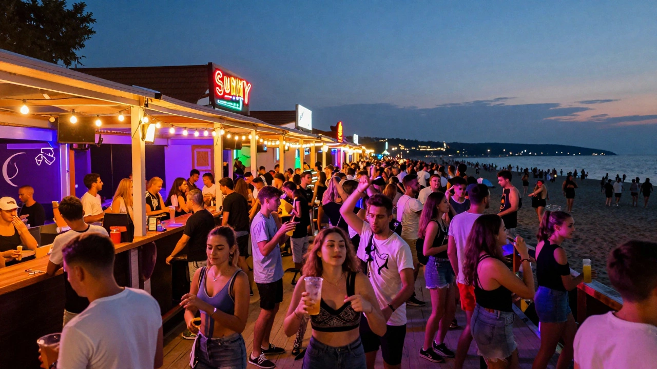 Lively night scene at Sunny Beach, Bulgaria, with young people partying at beachside bars.