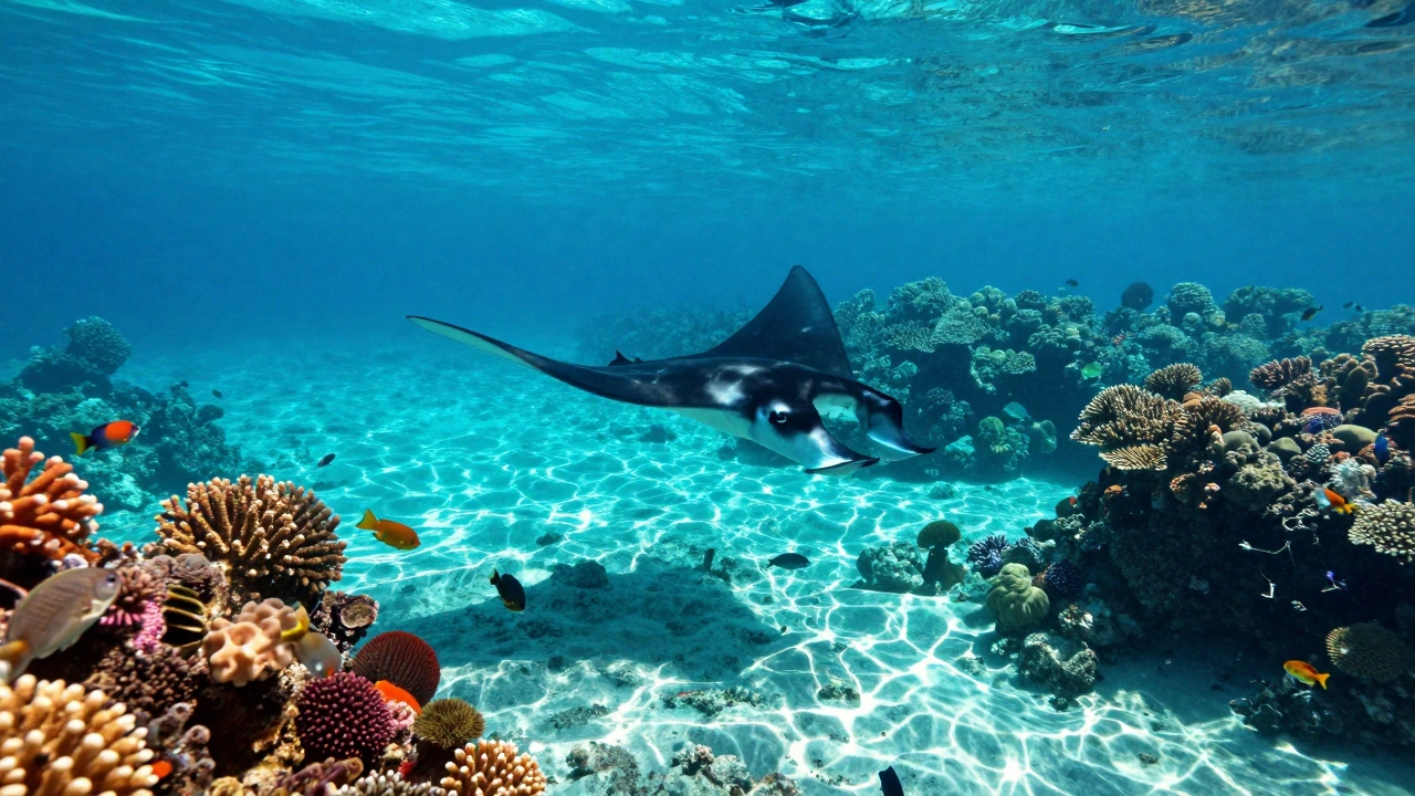 Manta ray swimming over vibrant coral reefs in clear waters of Raja Ampat, Indonesia