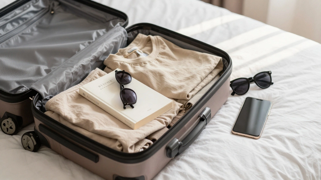 Minimalist packing scene with a carry-on bag, book, and phone face down on a bed.