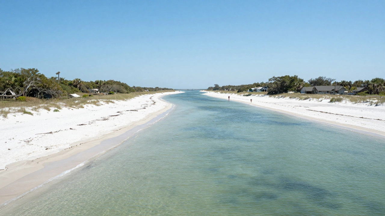 Secluded beach with clear blue-green water and dune grasses
