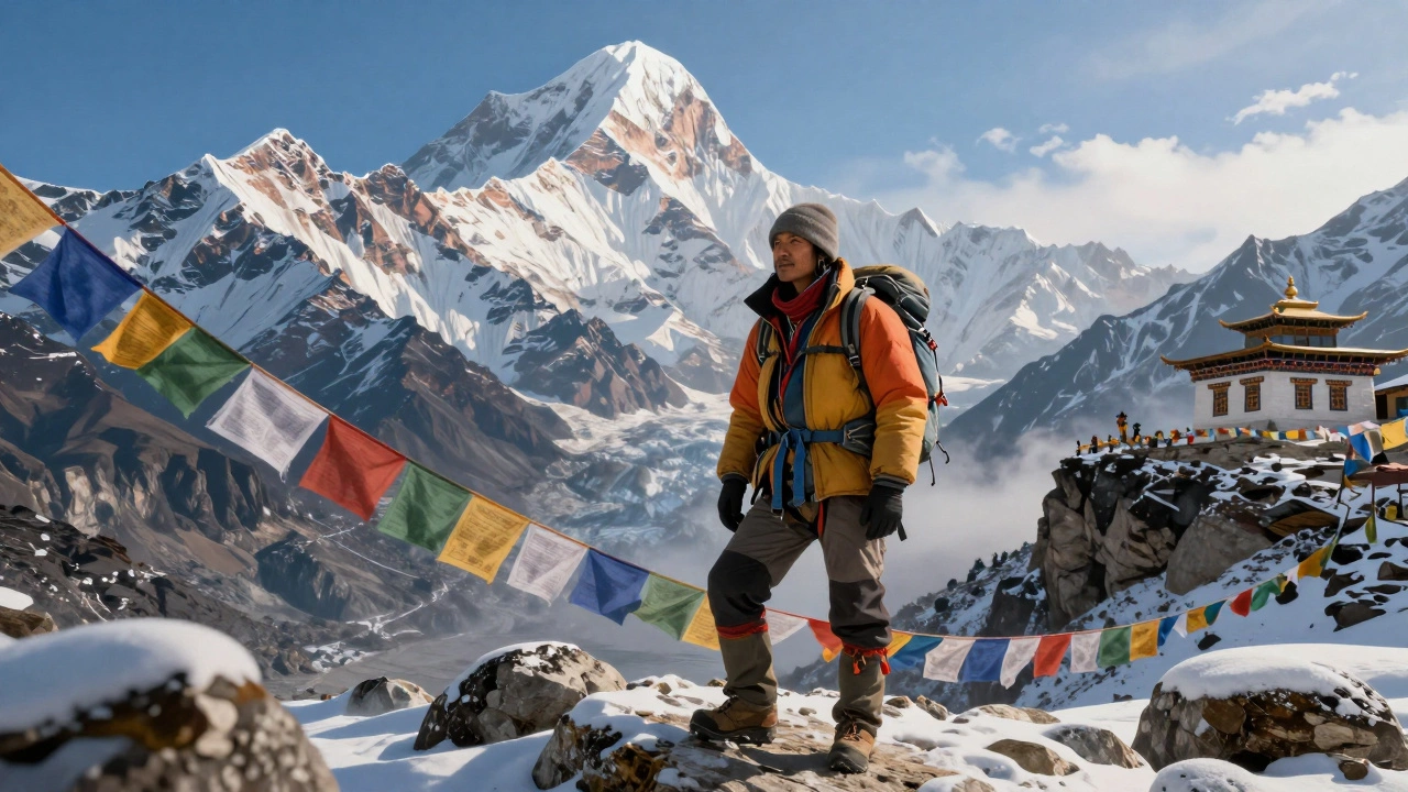 Sherpa guide and trekker on a high mountain pass in Nepal with prayer flags and peaks