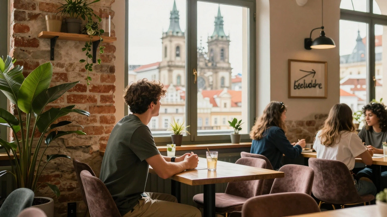 Solo traveler socializing in a sunny hostel common room overlooking historic European city streets.