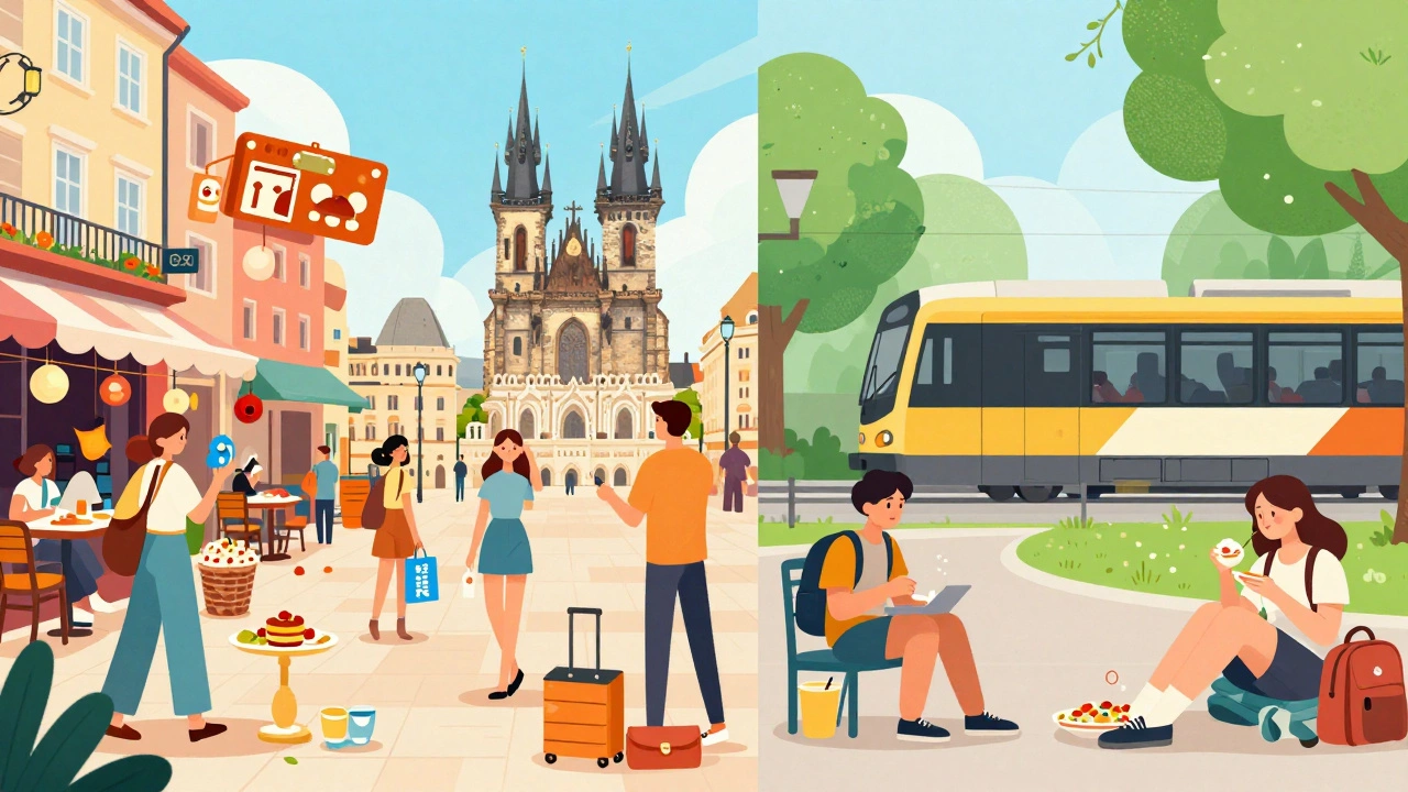 Split image comparing costly tourist habits vs smart budget travel