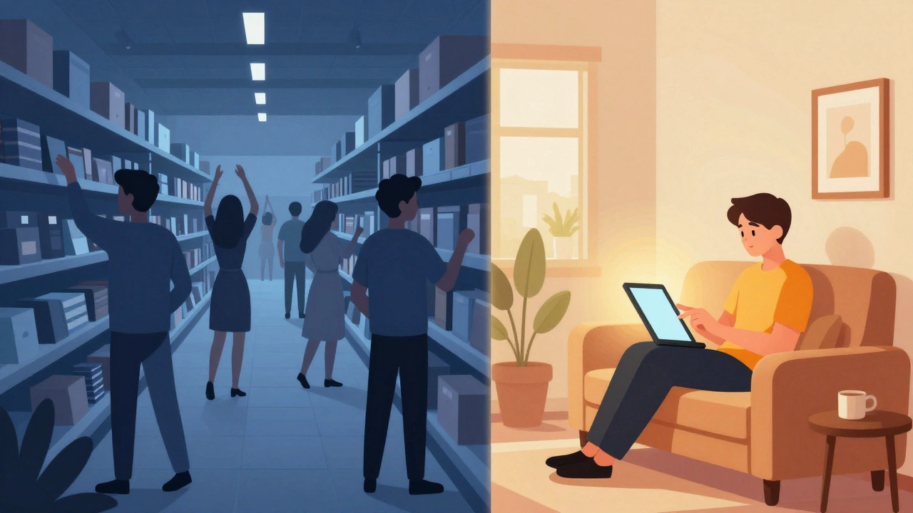 Split image showing chaotic store crowds versus relaxed online shopping at home
