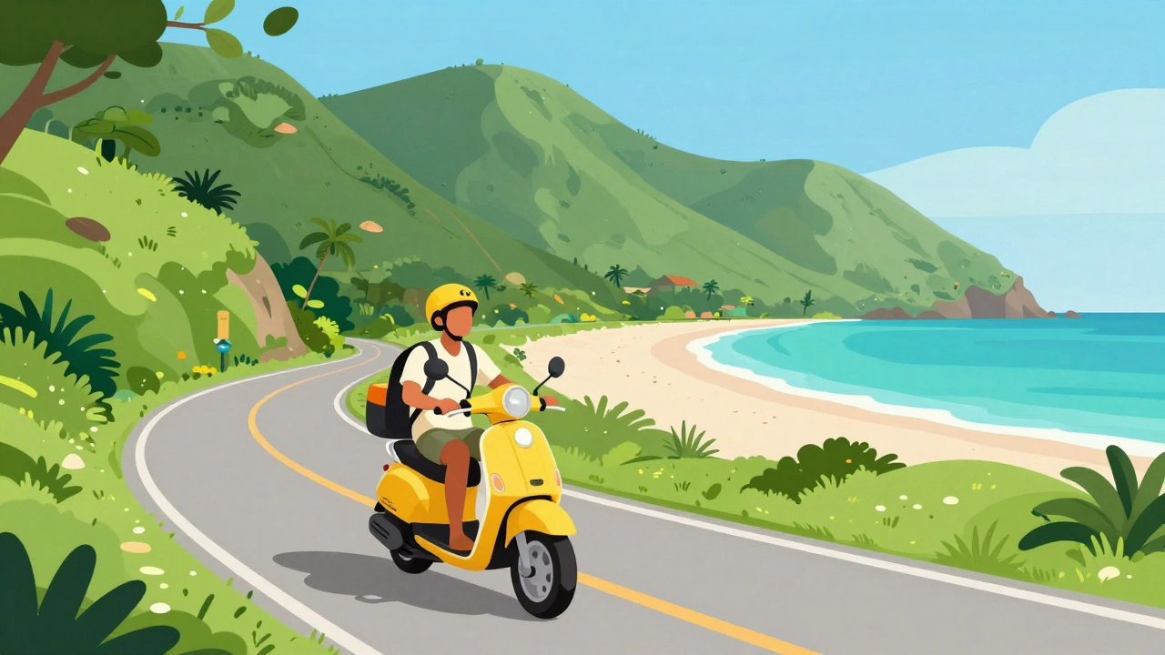 Traveler riding a scooter near a quiet beach in lush hills of Trinidad and Tobago