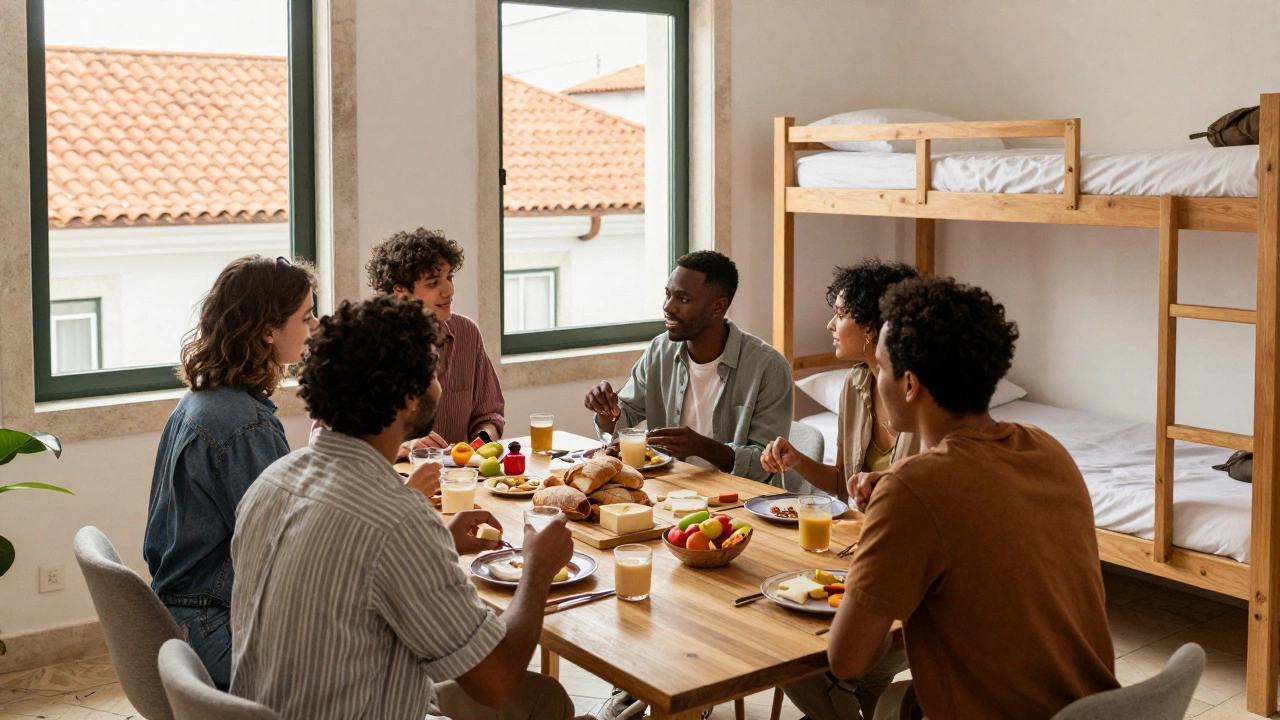 Travelers sharing a meal in a bright, modern hostel common room