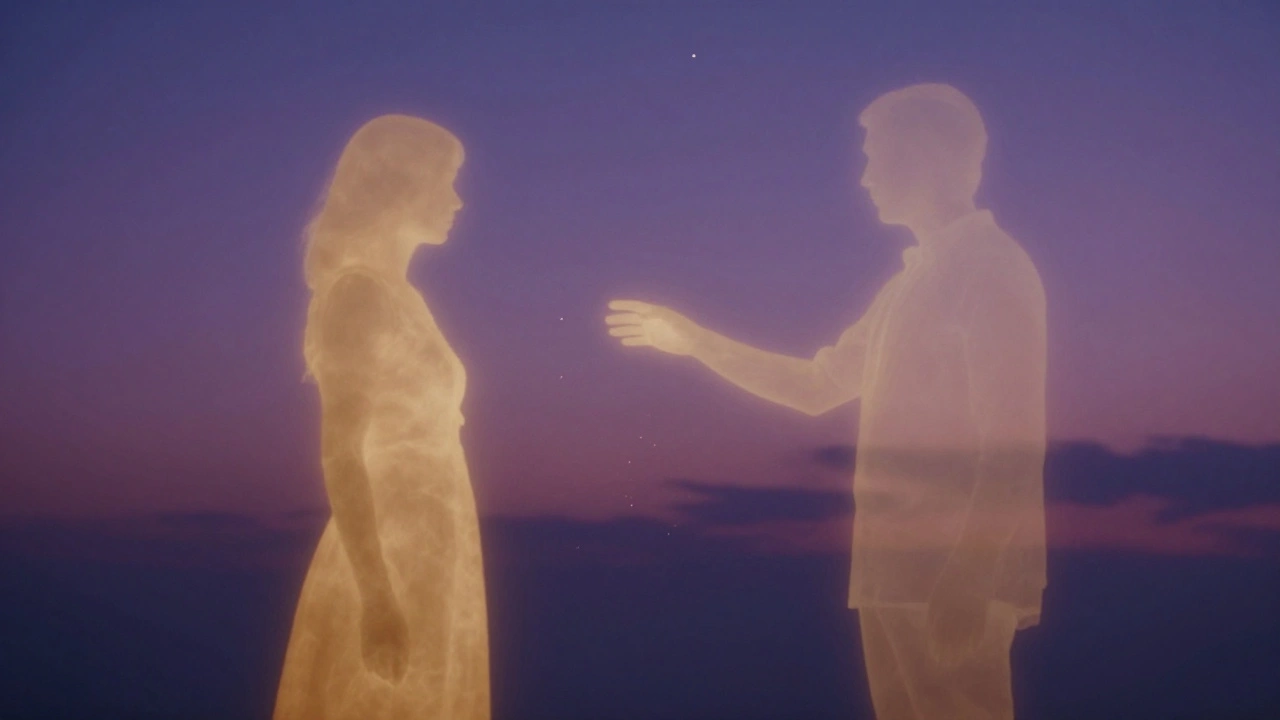 Abstract art of two figures separated by a glowing gap of space