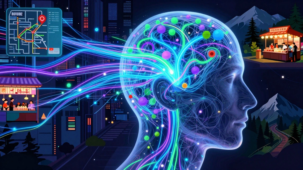 Abstract illustration of glowing brain neurons connecting to travel scenes