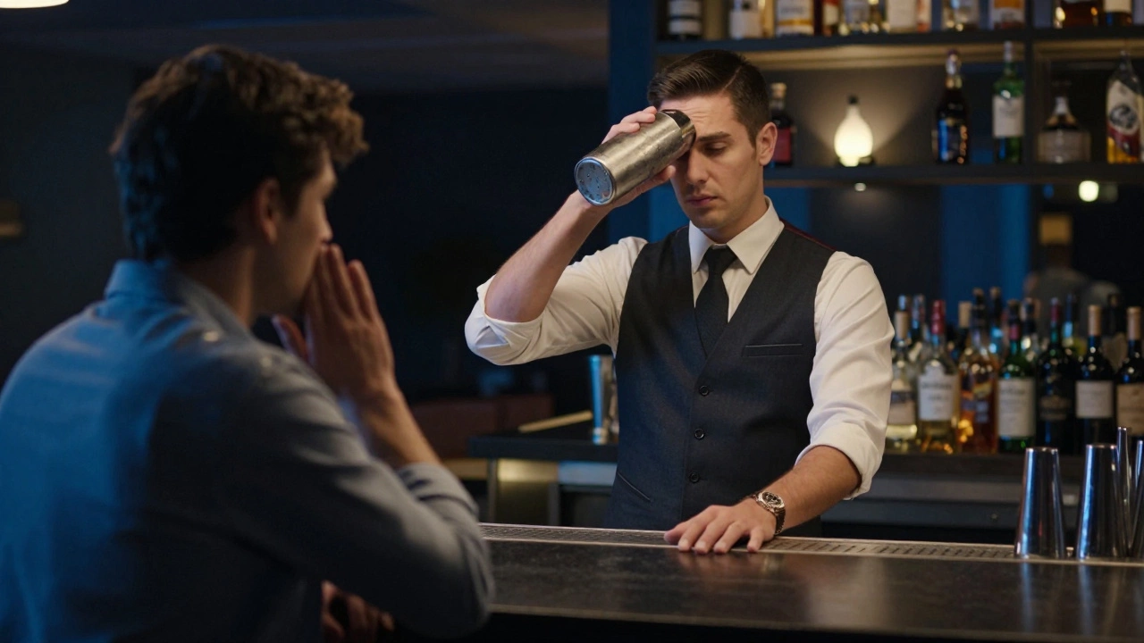 Bartender politely refusing service to an intoxicated guest at a resort