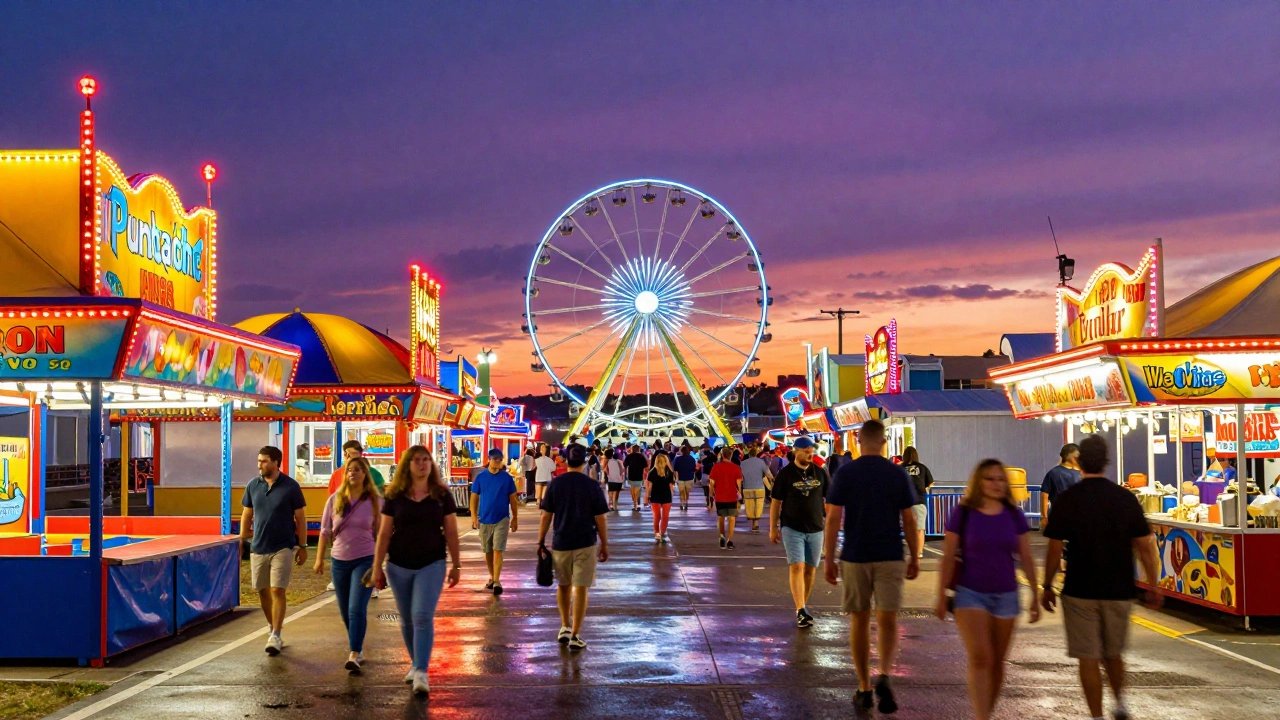 Bustling neon-lit Boardwalk in Central Myrtle Beach with crowds and rides
