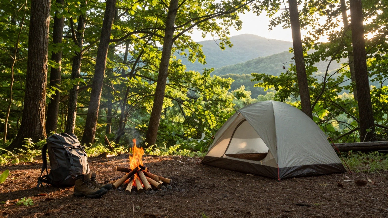 Camping tent in Pennsylvania forest with mountain views