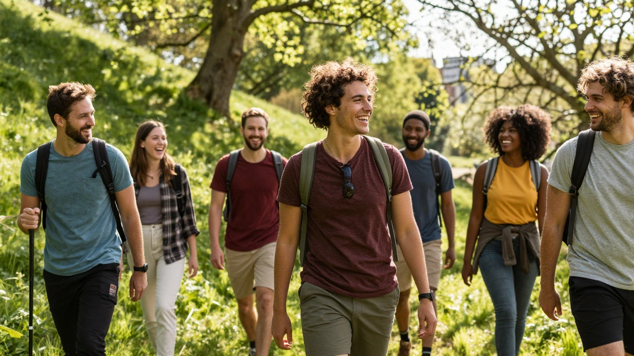 Confident person hiking and laughing with friends on a sunny green hill