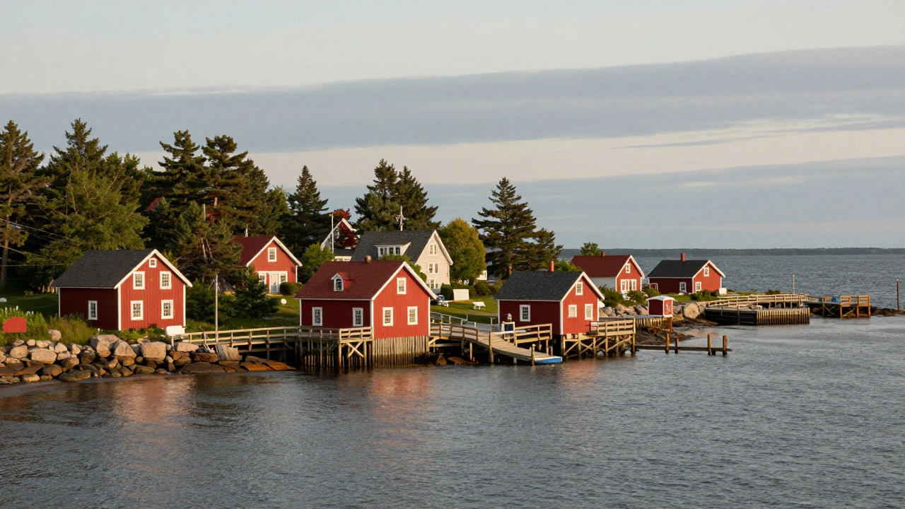 Cool coastal Maine village with red roofs near the Atlantic Ocean