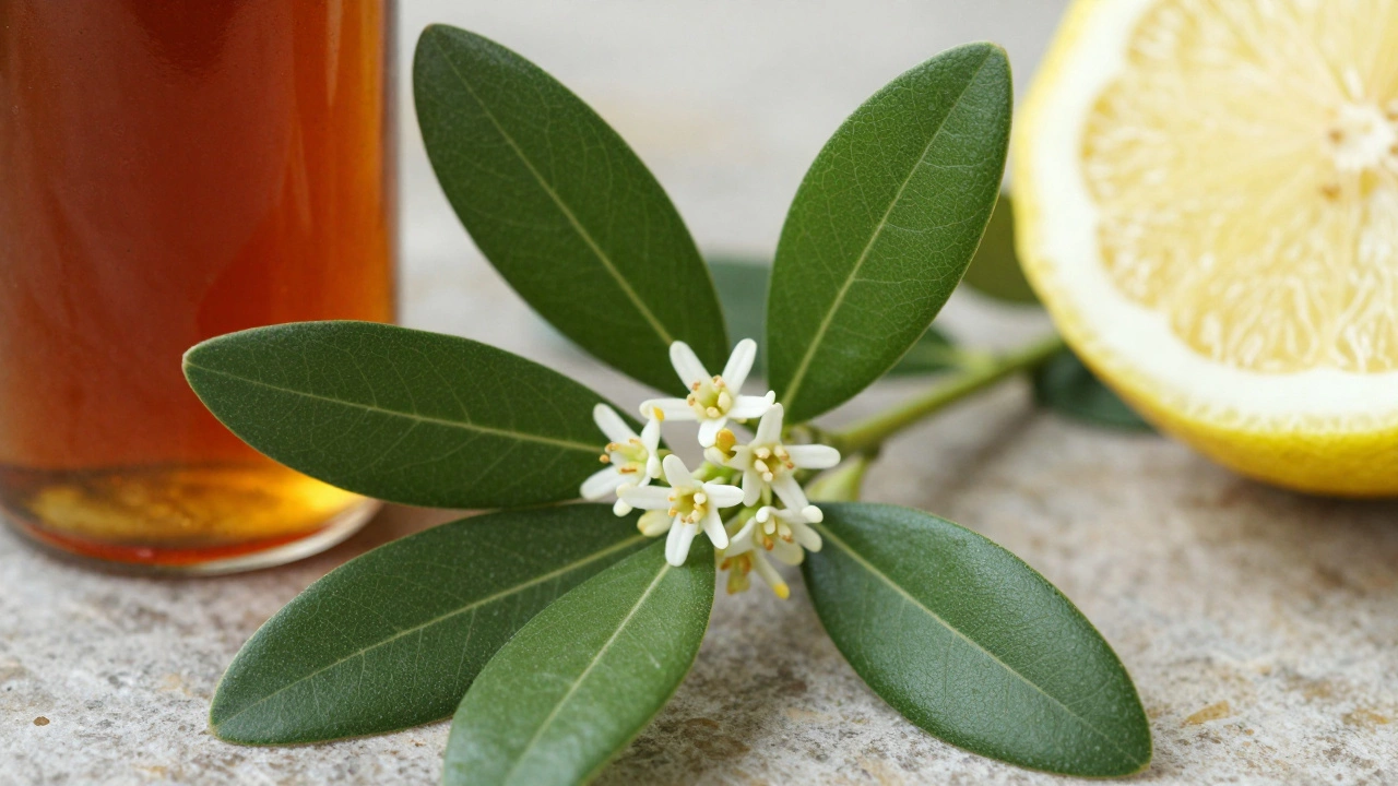 Fresh myrtle leaves, white flowers, and amber syrup bottle on a stone surface in natural light