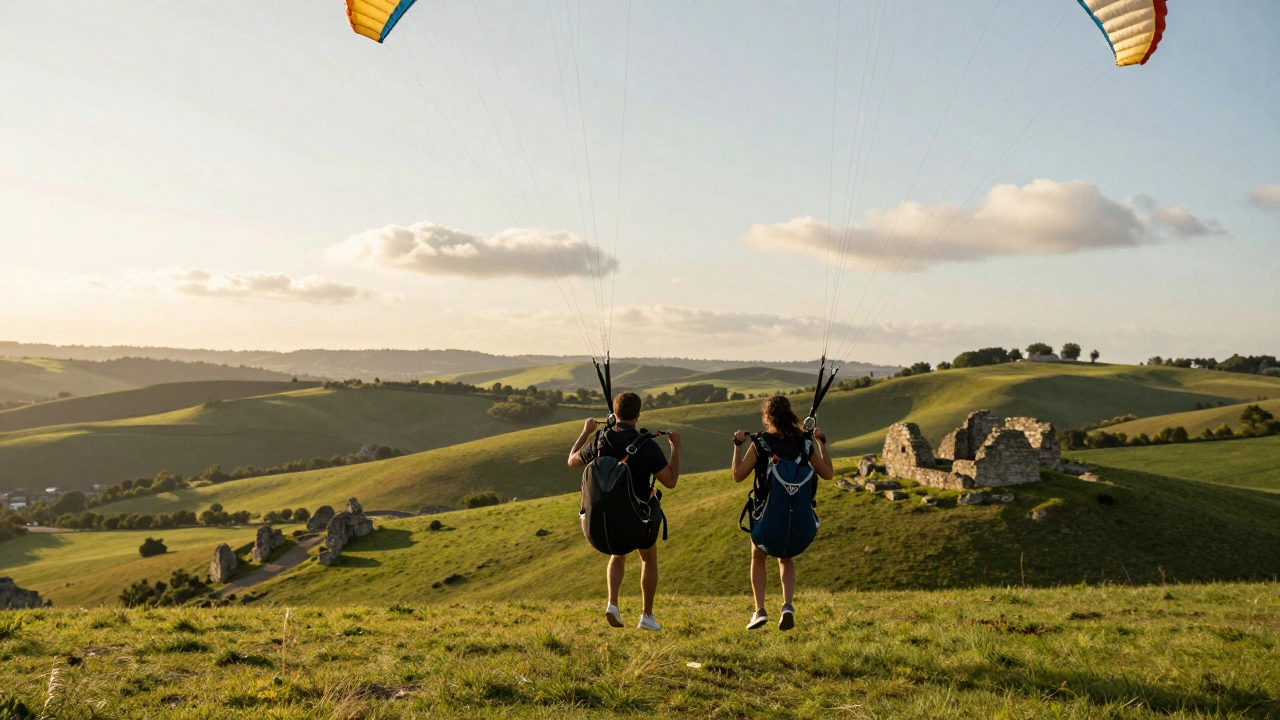 Friends paragliding over green hills at golden hour
