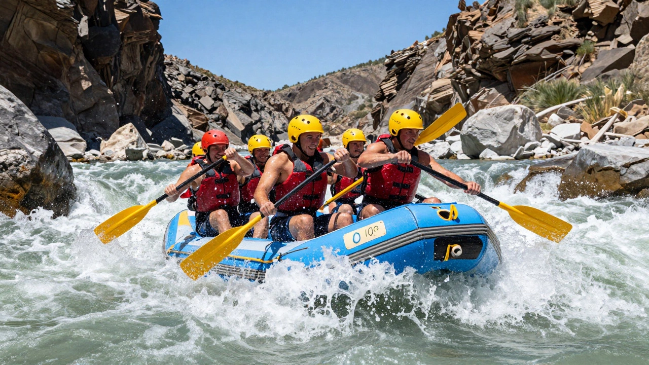 Group white-water rafting through turbulent mountain rapids