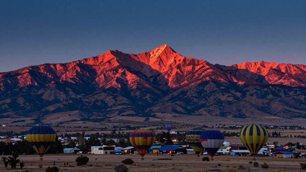 Hot air balloons and Sandia Mountains in Albuquerque sunset