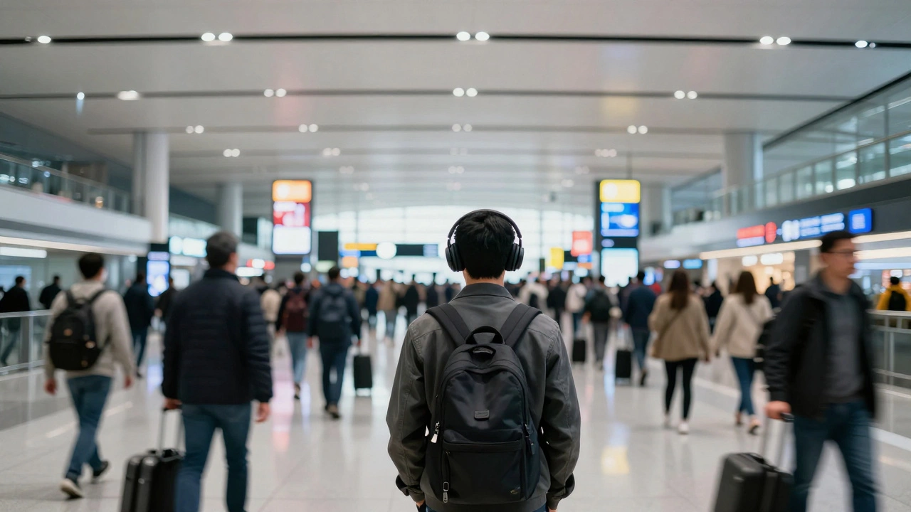 Lone traveler with headphones standing amidst blurred airport crowd