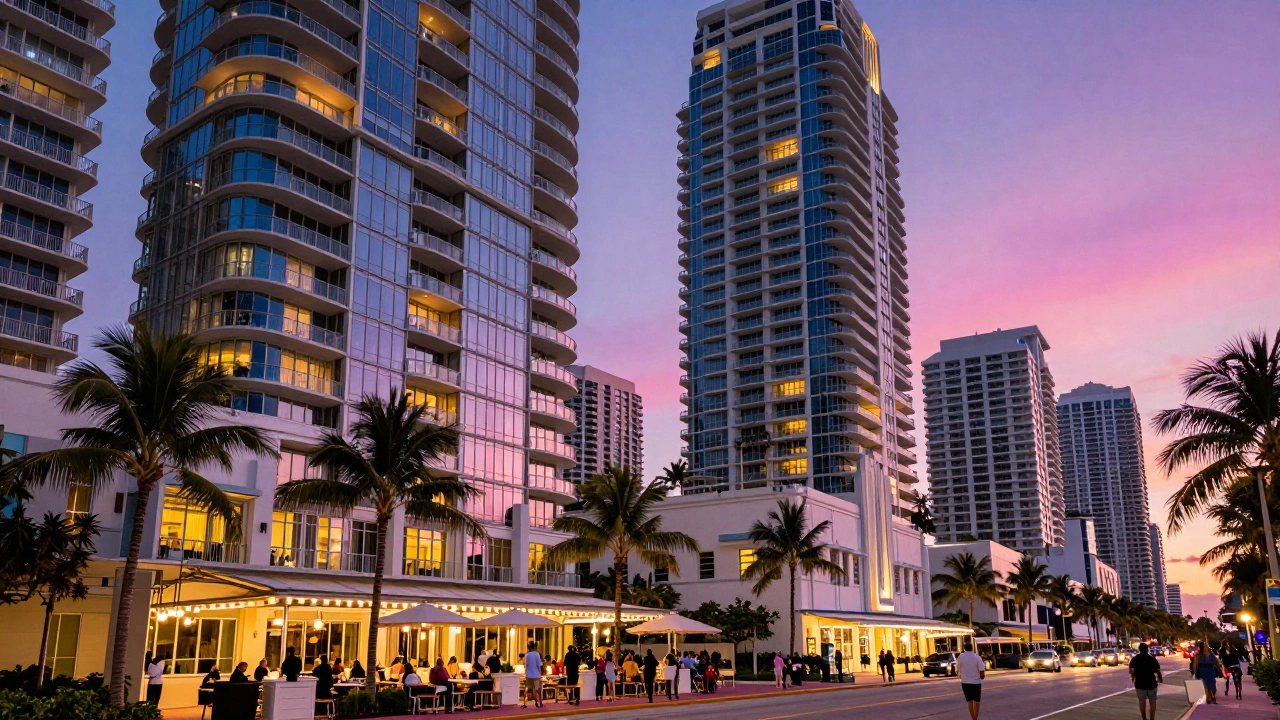 Miami Beach luxury high-rises and vibrant streets at twilight