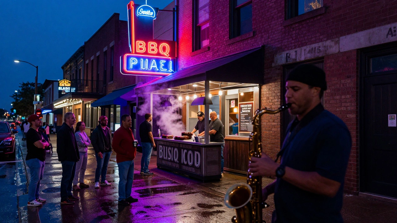 Musician playing saxophone on neon-lit Beale Street in Memphis