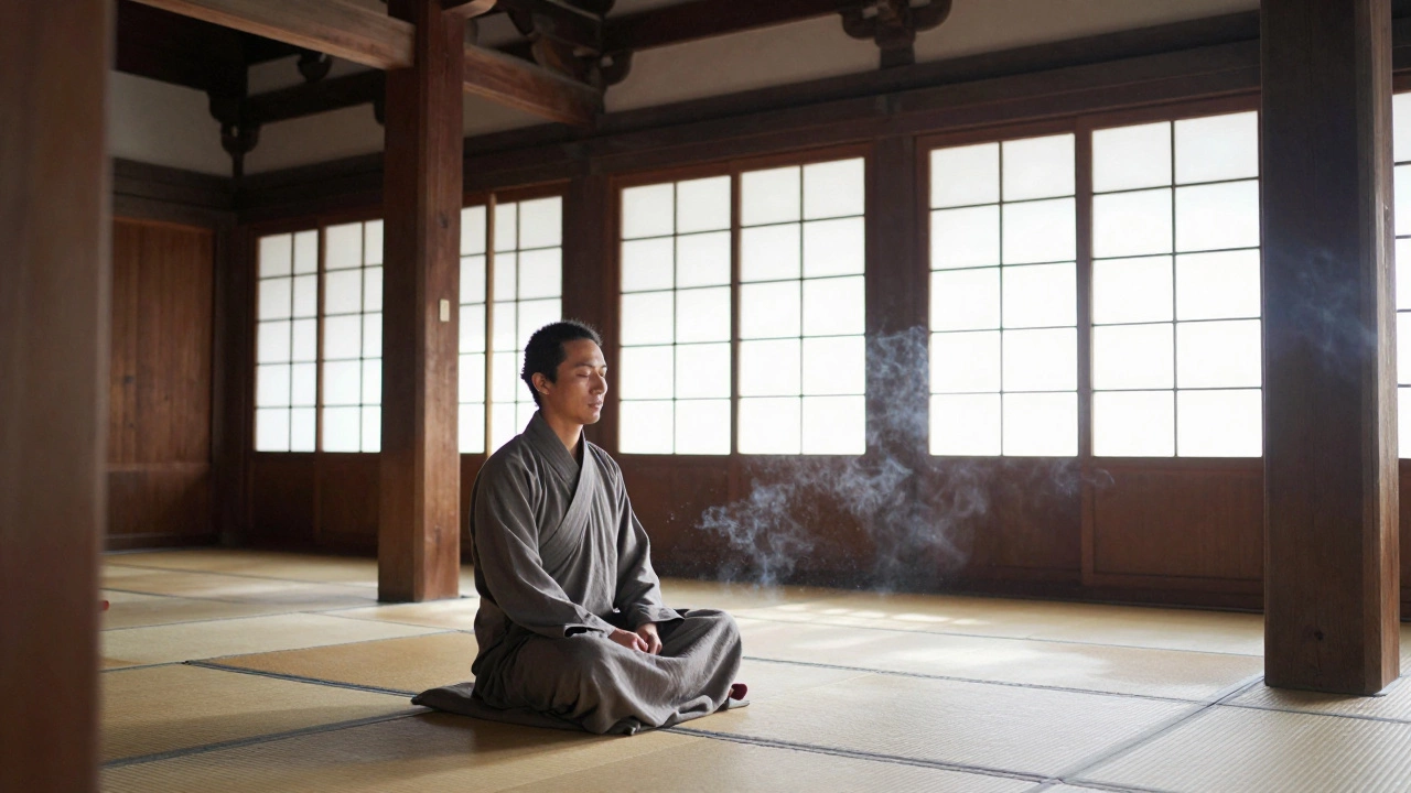 Person meditating in a serene temple interior