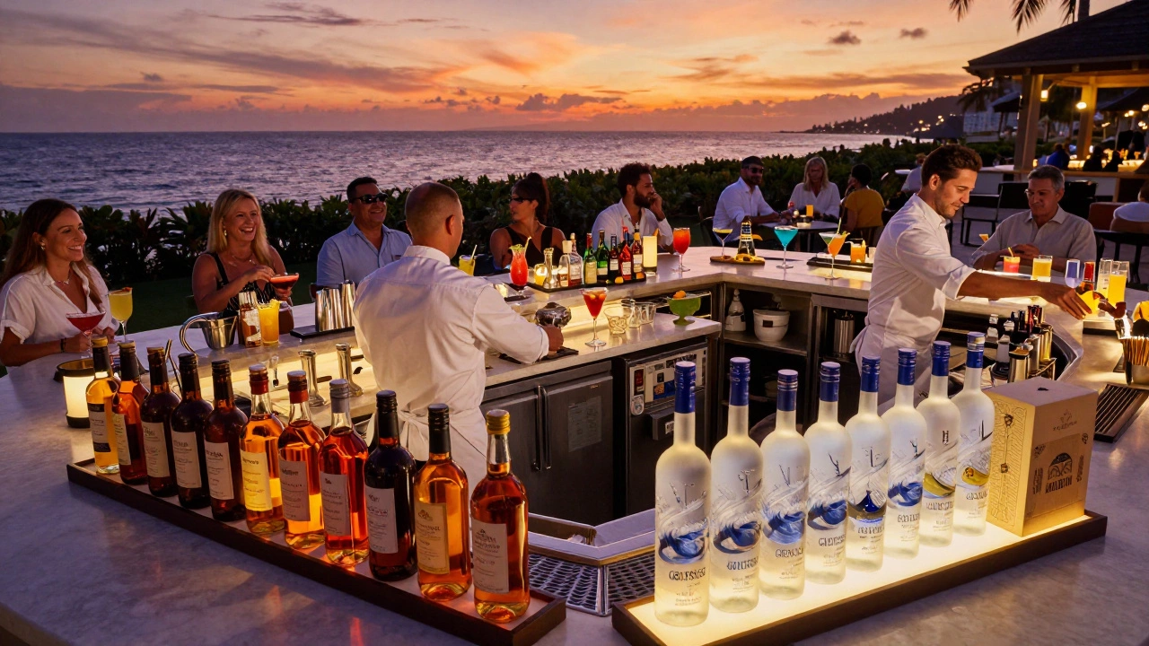 Resort bar showing contrast between house brand and premium liquor bottles
