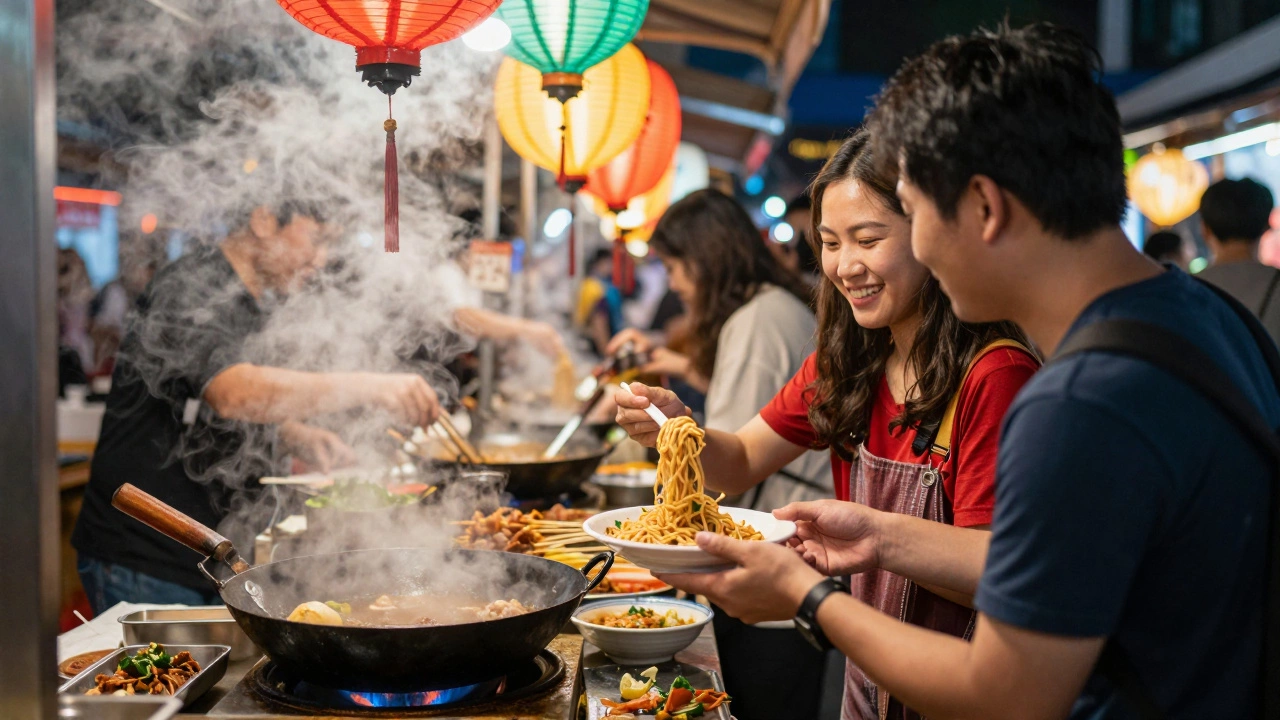 Street food vendor serving customer in night market