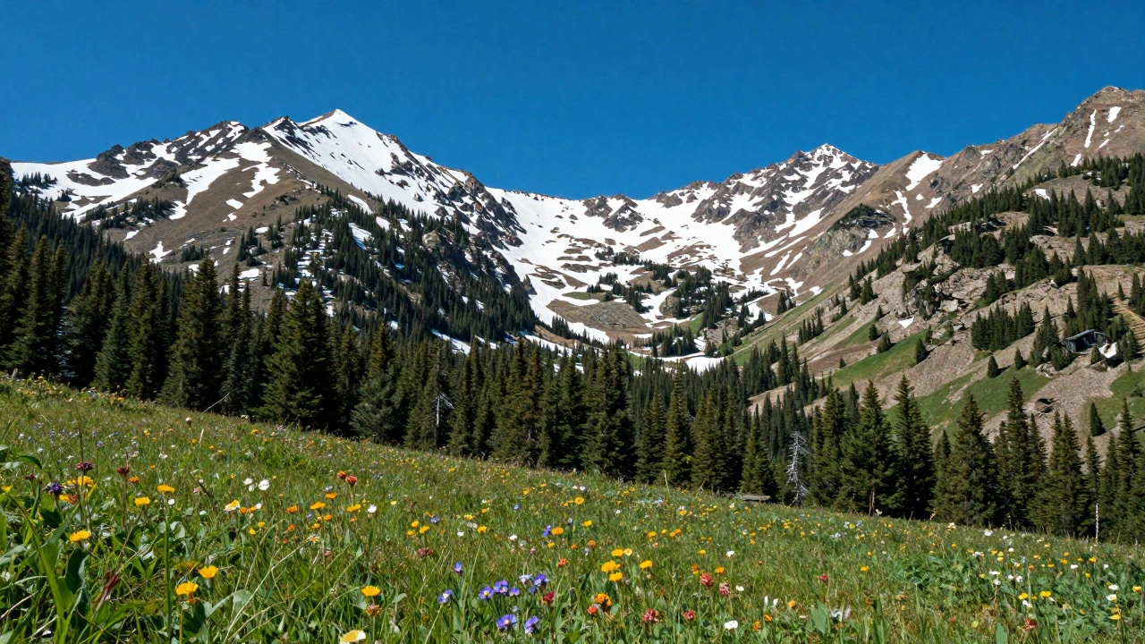 Sunny high-altitude Rocky Mountain landscape with pine forests and snow