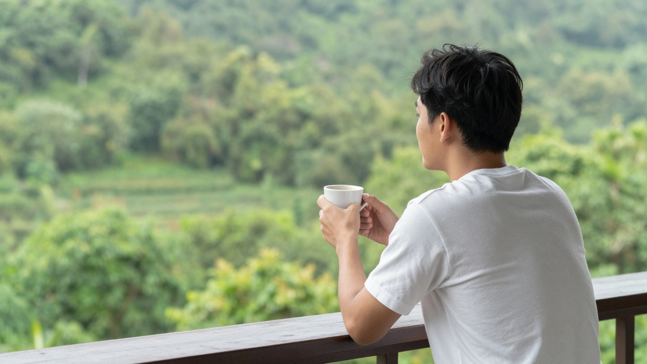 Traveler enjoying quiet morning coffee on a balcony with nature view