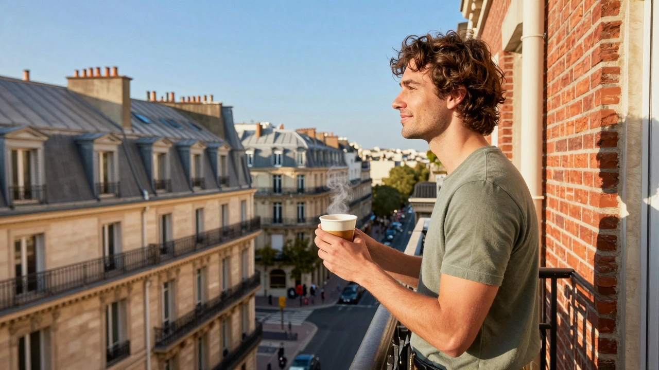 Traveler relaxing on a sunny balcony with coffee view