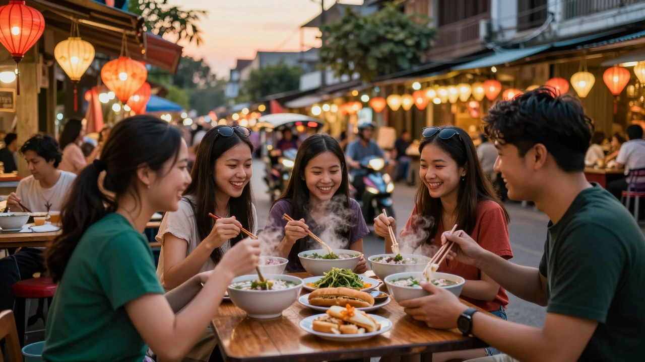 Travelers enjoying cheap street food in a vibrant Asian night market