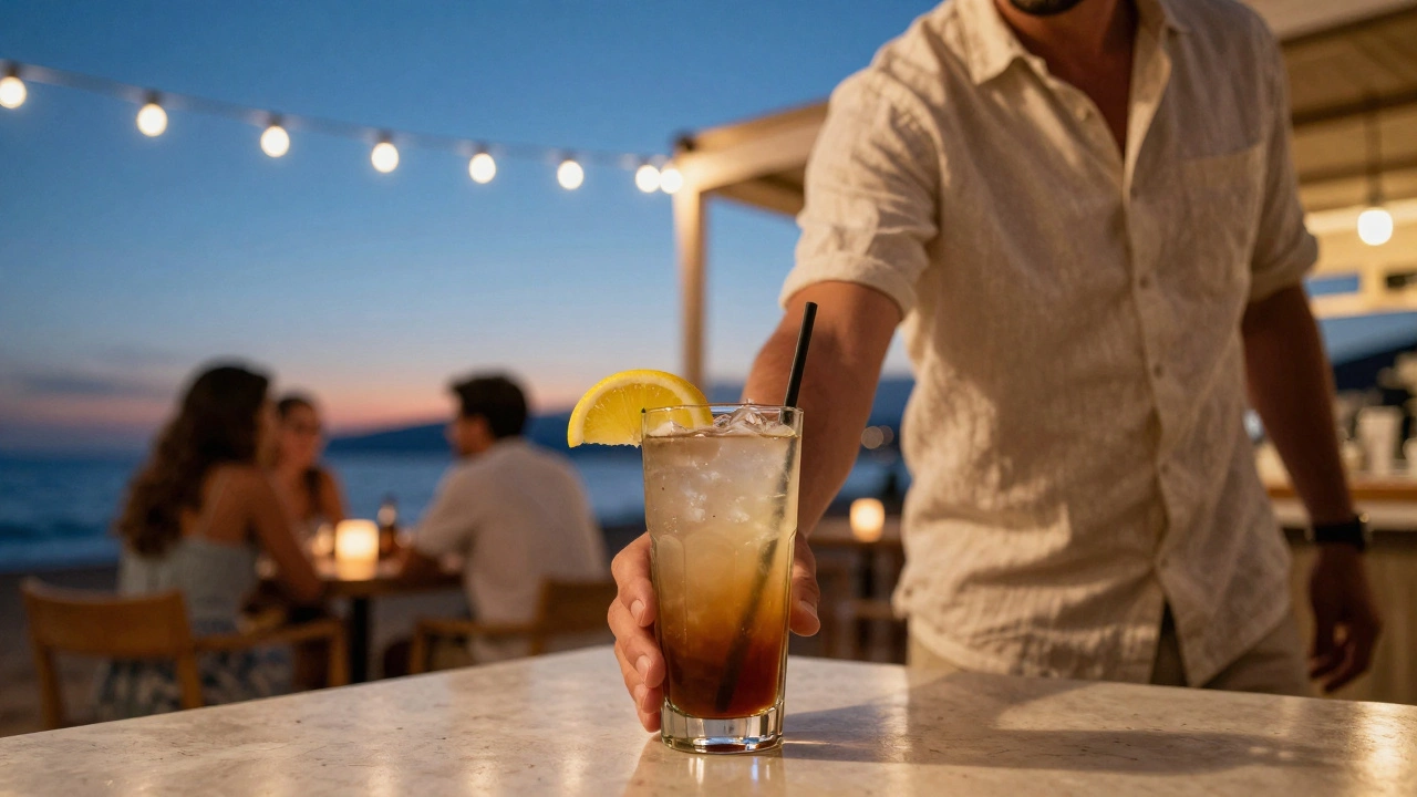 Waiter serving a Dirty Myrtle cocktail at a beach bar during twilight in Southern Europe