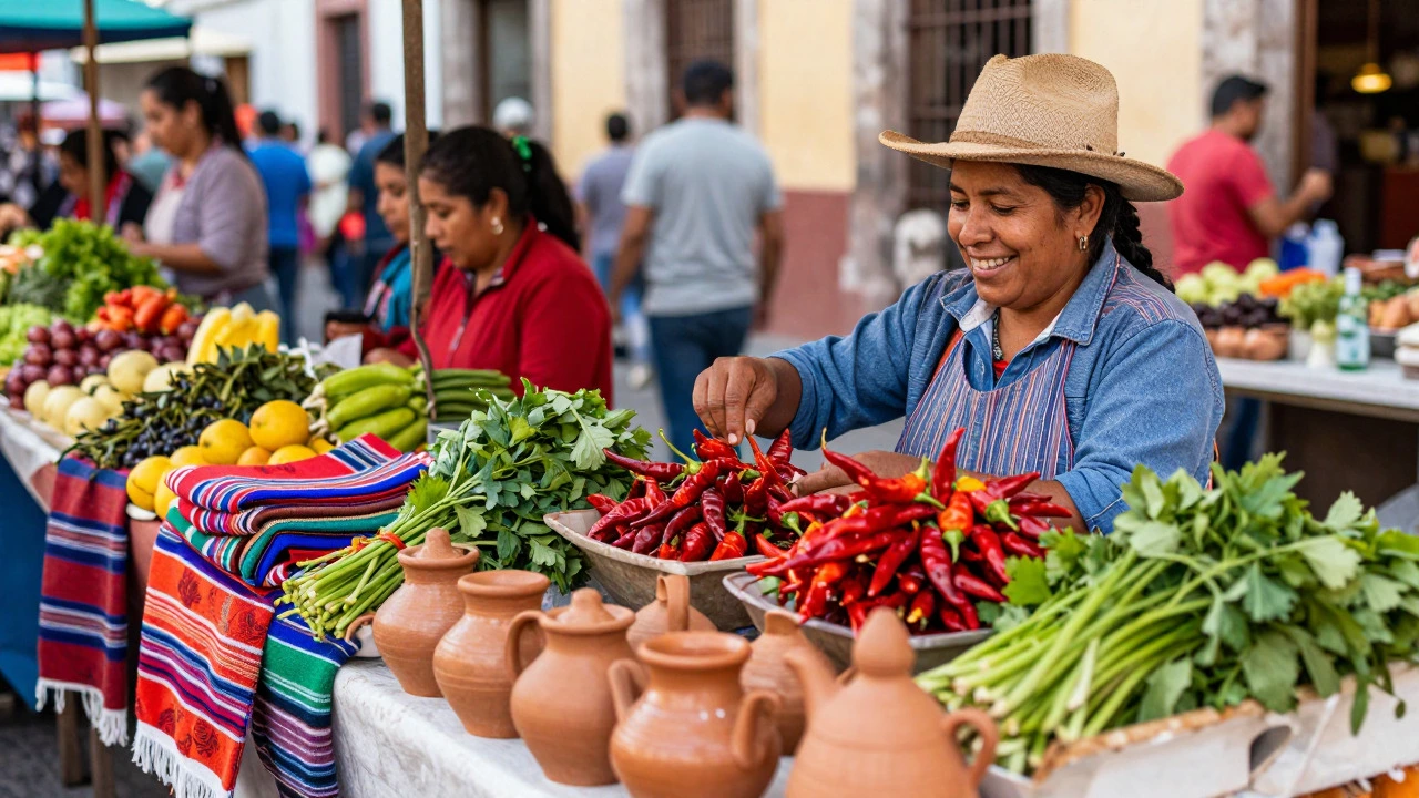 Colorful market stall with fresh produce and spices in Oaxaca, Mexico