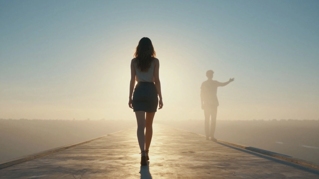 Confident woman walking toward light, leaving a silhouette behind