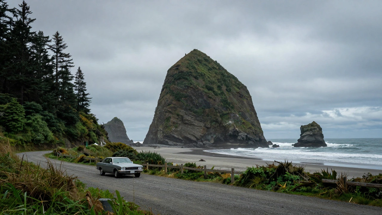 Dramatic sea stacks and lush forest along the rugged Oregon Coast