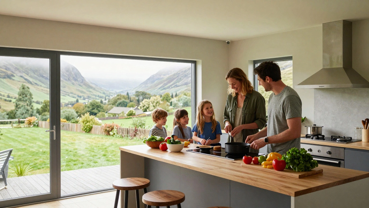 Family cooking breakfast in a spacious Airbnb kitchen with valley view