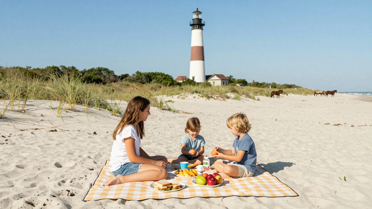 Family picnicking on Outer Banks dunes with a lighthouse in distance