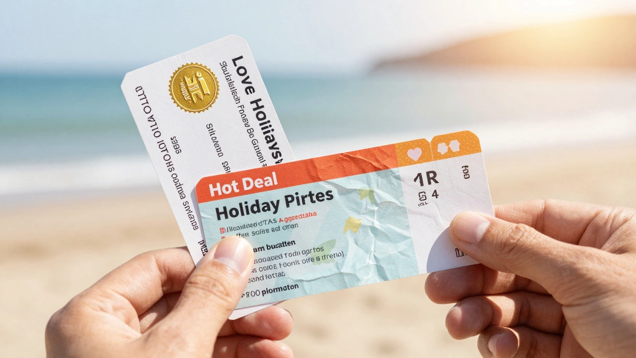 Hands holding premium and discount travel tickets against a sunny beach backdrop.