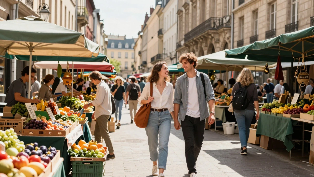 Happy couple exploring a vibrant city market